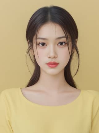 A person with long hair and a yellow top and red lipstick exemplifies Korean beauty.