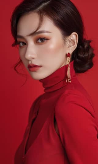 wearing a red dress, top, and lipstick with gold earrings.