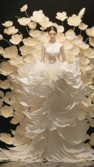 In a wedding dress made out of white feathers and flowers.