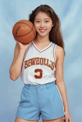 A woman in a basketball uniform holding a basketball ball.