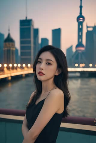 黒いドレスを着た女性が都市のスカイラインの前に立って、中国人の美しさを披露しています。