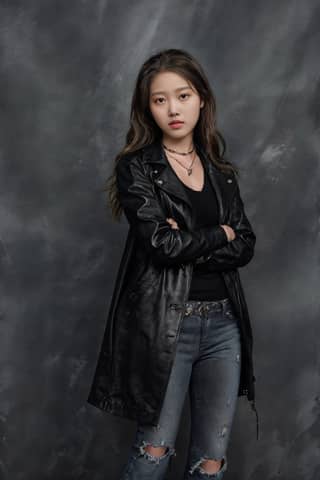 Seorang wanita dalam jaket kulit hitam dan jeans adalah wajah baru bagi kumpulan gadis baru drama Korea.