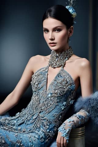 A woman in a blue dress and fur coat.