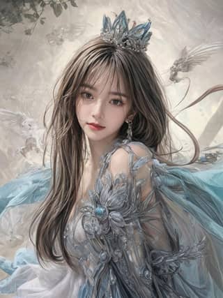 穿著藍色連衣裙的長髮女子，頭上戴著花冠。藝術網站展示來自世界各地的繪畫和插畫作品，重點放在幻想主題上。