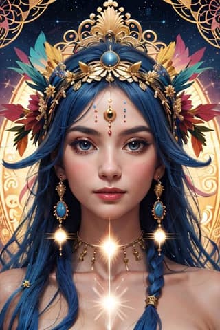 A woman with blue hair, blue eyes, and a crown on her head.