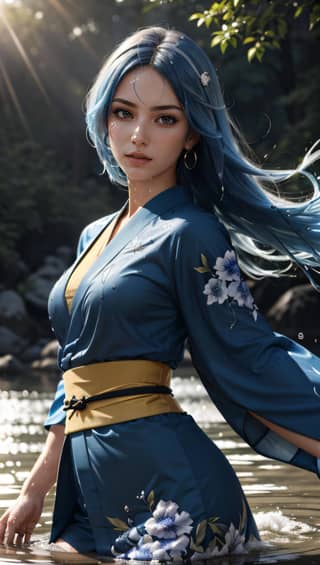 A woman with blue hair and a kimono standing in the water.