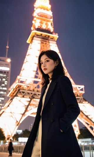 Seorang wanita berdiri di depan Menara Eiffel di Shanghai memakai jas hitam panjang.