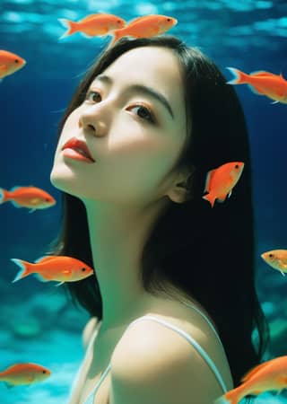 A woman with long black hair and a white tank top is surrounded by fish, while another woman in a white swimsuit looks up at a group of goldfish.