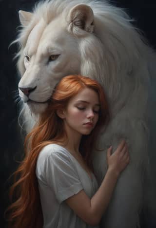 A woman with red hair embraces a white lion.