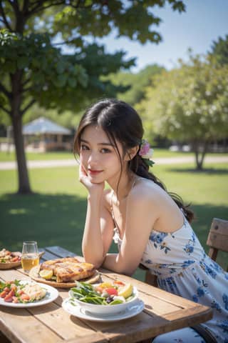 A woman sitting at a table with food and drink.