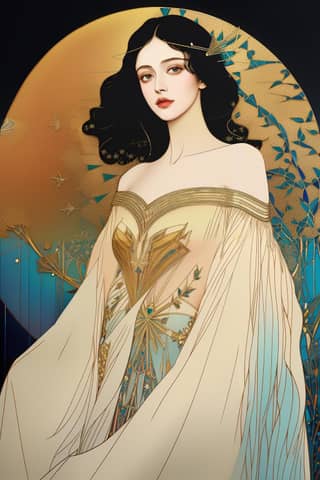 A woman wears a gold dress with long black hair and a bird on her shoulder.