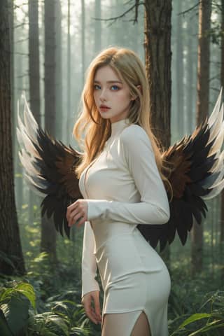 A woman with wings is seen in the forest wearing a white dress.