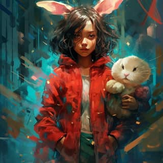 An anime girl with bunny ears holds a white cat in a city.