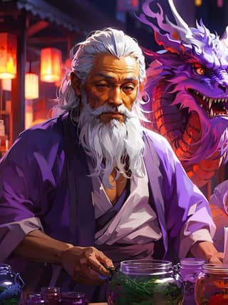 An old man with a beard sits at a table with a dragon statue in front of him.