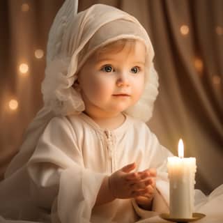 Bambino nella scena della natività che tiene una candela di fronte a un albero di Natale.