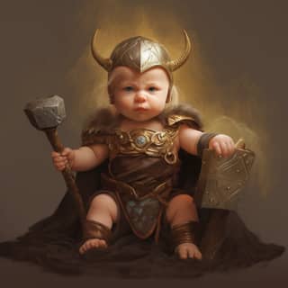 Baby viking with a hammer and costume sitting on a blanket.