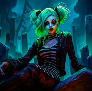 Batman girl with green hair sitting on a rock in a graveyard.