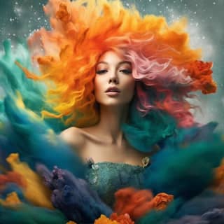 美麗的女人有着五顏六色的頭髮和裙子，被五彩繽紛的煙霧包圍着。