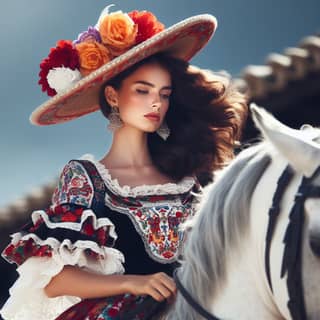 穿着傳統墨西哥服飾的美麗女人騎着一匹白馬。