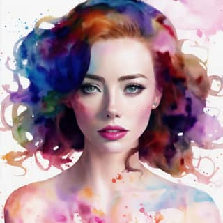 Beautiful woman with watercolor-like colorful hair and makeup.