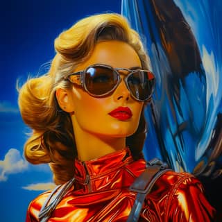 Blond woman in red leather outfit and sunglasses standing next to a blue airplane