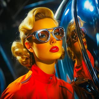 Blond woman in sunglasses looking at herself in the mirror.