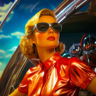 Blond woman in sunglasses and red dress posing in front of a car.