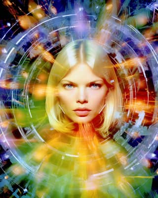 Blonde hair against colorful background, with a futuristic look in a circular pattern.