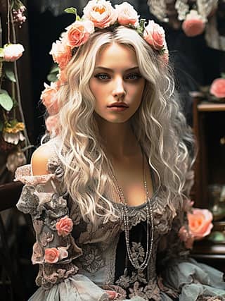 Blonde kadın, çiçek tacı takmış ve açık gri ve koyu gri elbiseler giymiş, pembe güllerle.