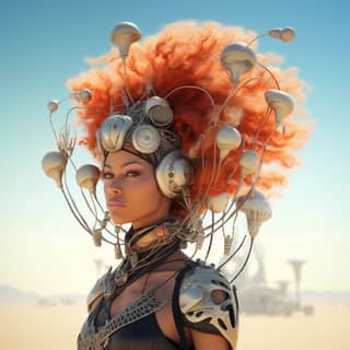 Both individuals have red hair with futuristic outfits, and one person has a large orange hair and a strange headpiece.