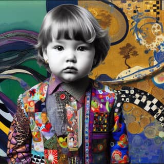 Child wearing a colorful jacket and tie.