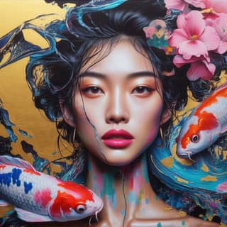 Colorful hair and koi fish, with flowers. Chinese artist's 2019 art.