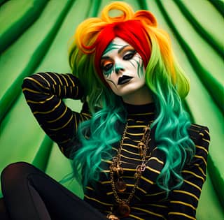 Colorful hair and makeup are popular costume choices, often paired with striking clothing and face paint.