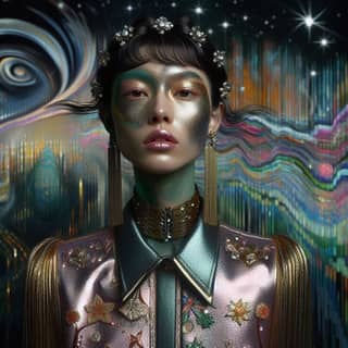 五光十色的妝容搭配星空背景，金色和綠色的妝容，代表着未來的藝術。