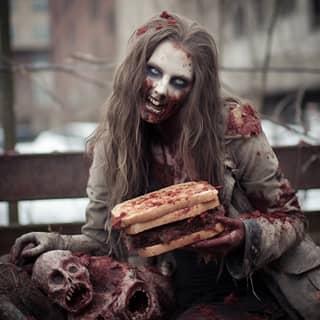 Dressed as a zombie and eating a bloody sandwich.