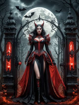 Dressed in a devil costume, standing in front of a gate in a red and black dress. Art website showcasing worldwide painting and illustration works, particularly gothic and dark fantasy art.