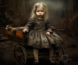 Little girl with teddy bear sitting in a wagon in the woods.