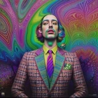 Man with long hair and colorful tie in front of a psychedelic background.