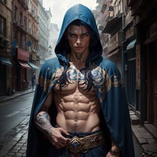 Man with tattoos and a hoodie standing in the middle of a street wearing a blue cloak.