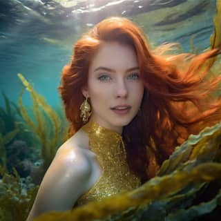 Redhead woman in a gold dress submerged underwater in seaweed.