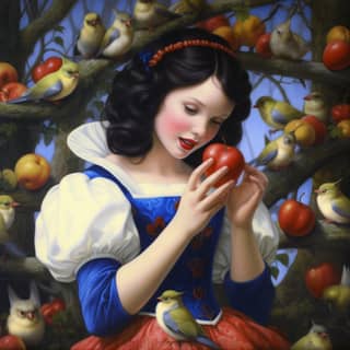 Snow White in a red dress holding an apple, surrounded by birds and the seven dwarfs.