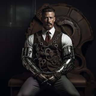 Người đàn ông Steampunk trong bộ vest và cà vạt với một chiếc đồng hồ nền và một cánh tay bằng sắt.