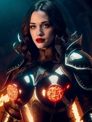 Wearing armor with red lipstick and glowing red eyes.