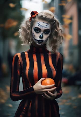 Woman in a Halloween costume with a skeleton face holding an orange, done by a talented makeup artist.