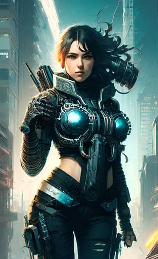 Woman in futuristic outfit holding a gun in a city.