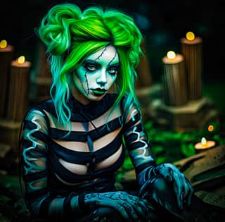 Woman with green hair and makeup sitting on the ground and on a bench.