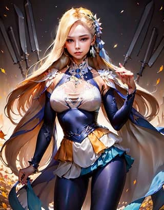 Woman with long blonde hair and blue dress, in a costume holding a sword. Art is an art website that showcases painting and illustration works from around the world.