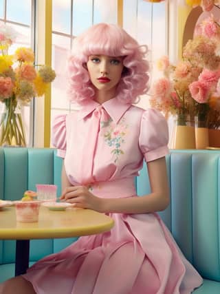 गुलाबी बालों वाली महिला एक कैफे में एक मेज पर फूल और कपकेक के साथ बैठी है।