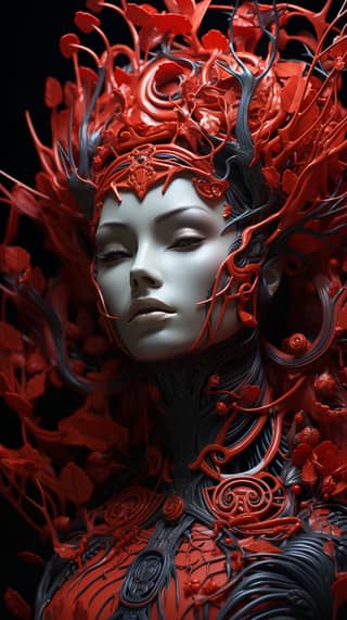 Woman with red and black hair wearing a red headpiece and flowers.