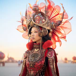 2014 年在 Burning Man 藝術節上，穿着紅色和金色華麗服裝，並戴着精緻頭飾的女人。